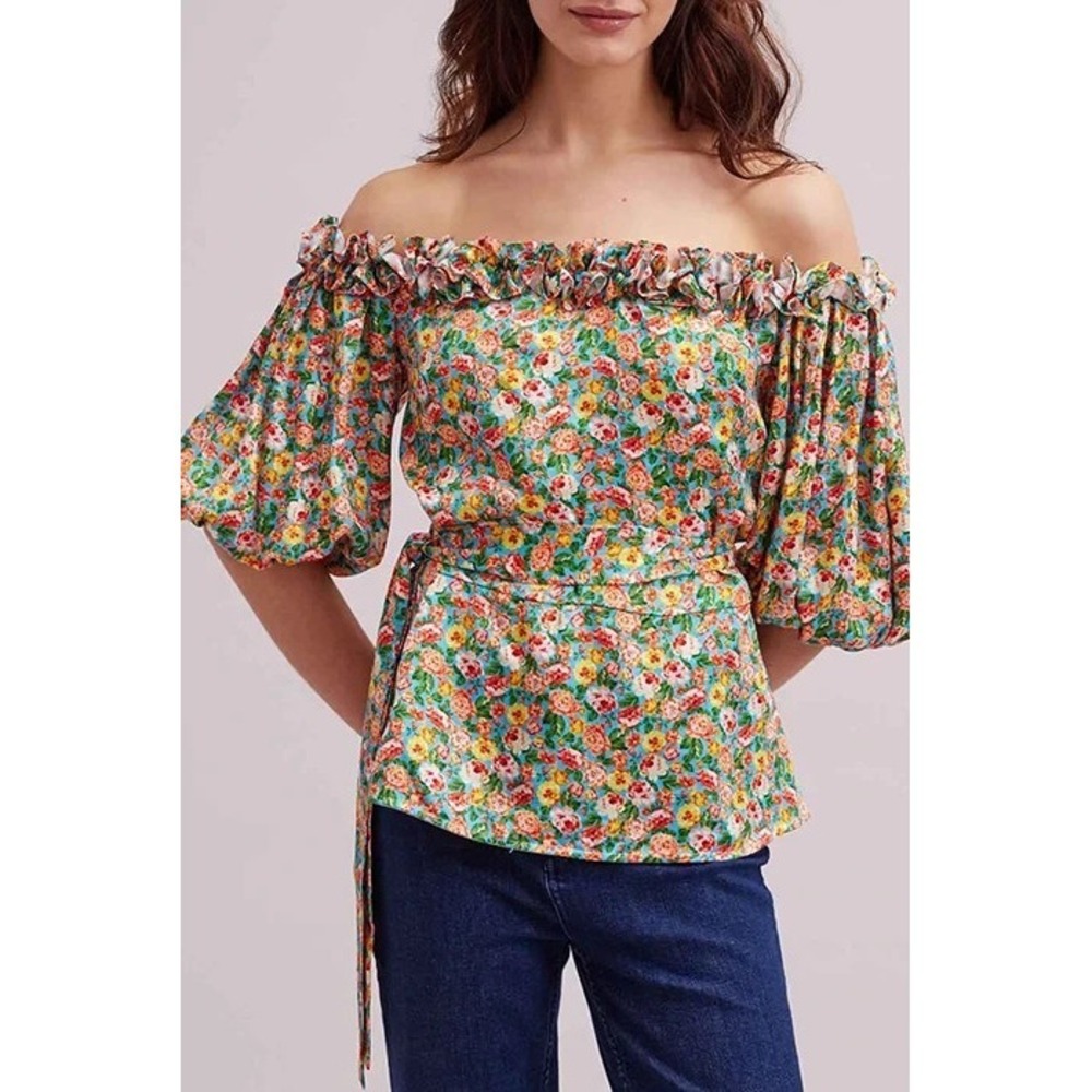 Anne Fontaine Oranger Blouse Women 40 Multicolor Floral Ruffled Off Shoulder NWT